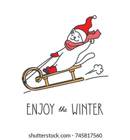 Enjoy the winter. Doodle vector illustration of funny white cat enjoying a sleigh ride