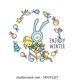Enjoy winter gift card with cute elements arranged in circle. Bunny rabbit holds a box of xmas tree balls decorations, and little funny birds are flying around him with baubles on white background.