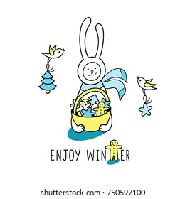 Enjoy winter hand drawn gift card. Charming bunny rabbit character holds a basket with gingerbread cookies basket, little birds are flying and bring him xmas tree and star cookie. 