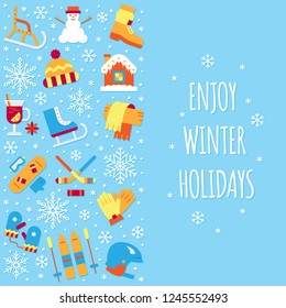 Enjoy winter holidays greeting card. Christmas time icon set. Winter cartoon sign composition with snowflake, snowman, home, sled. Outdoor sport equipment flat style vector illustration