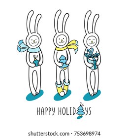 Enjoy winter holidays. Hand drawn illustration with cute animal characters. Charming white baby rabbits hold Christmas cookies, xmas tree bauble, present box with blue ribbon and bow.