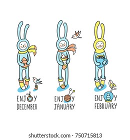 Enjoy winter months. Hand drawn illustration with cute animal characters. Charming baby rabbits and little birds have fun and love winter time.