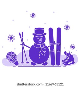 Enjoy winter outdoors. Snowman with ski and hockey equipment. Vector cartoon skier symbol. Design for advertisement of active lifestyle.