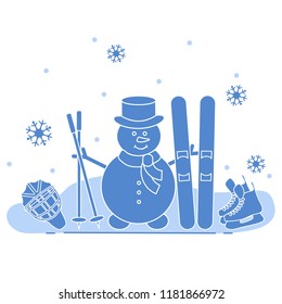 Enjoy winter outdoors. Snowman with ski and hockey equipment. Vector cartoon skier symbol. Design for advertisement of active lifestyle.