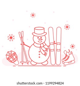 Enjoy winter outdoors. Snowman with ski and hockey equipment. Vector cartoon skier symbol. Design for advertisement of active lifestyle.