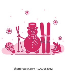 Enjoy winter outdoors. Snowman with ski and hockey equipment. Vector cartoon skier symbol. Design for advertisement of active lifestyle.