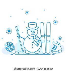 Enjoy winter outdoors. Snowman with ski and hockey equipment. Vector cartoon skier symbol. Design for advertisement of active lifestyle.