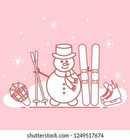 Enjoy winter outdoors. Snowman with ski and hockey equipment. Vector cartoon skier symbol. Design for advertisement of active lifestyle.