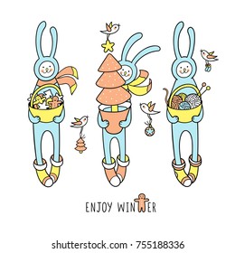 Enjoy winter. Set of charming bunny characters with hand drawn elements and sign. White rabbit holds a basket with wool balls, gingerbread cookies, bucket with xmas tree and little birds.