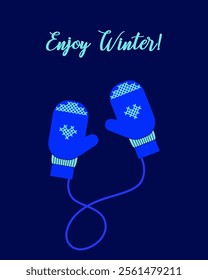 Enjoy winter. Vector concept of winter theme card or poster. Blue Mittens with cross stitched ornament. 