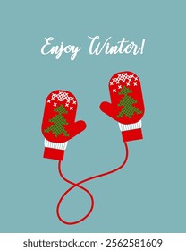 Enjoy winter. Vector concept of winter theme card or poster. Red Mittens with cross stitched tree ornament. 