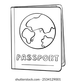 Enjoy a wonderful Passport and Globe Coloring Page designed specifically for Travel Enthusiasts. Vector sketch illustration. Tourism