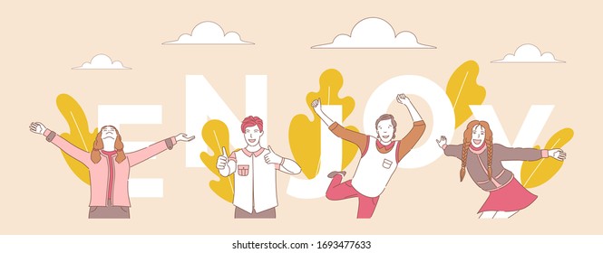 Enjoy word concept banner template. People dancing, showing thumbs up, standing with open arms cartoon outline illustration. Women and men having fun on holidays vector poster design concept.