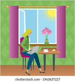 Enjoy working at home. Woman with laptop in her knee working beside a open window. The illustration could be found with other ethnicity. Vector illustration.