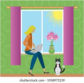 Enjoy working from home. Woman sitting in window with laptop. Cat on the floor. The flowers is transformed to vector curves from real photo, that you can find in my portfolio. Vector illustration.