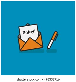'Enjoy' Written Inside An Envelope Letter With Pen On Side (Line Icon in Flat Style Vector Illustration Design)