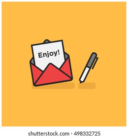 'Enjoy' Written Inside An Envelope Letter With Pen On Side (Line Icon in Flat Style Vector Illustration Design)
