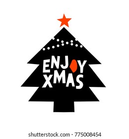 Enjoy xmas. Vector poster with christmas tree. Decorative elements in scandinavian minimalistic style