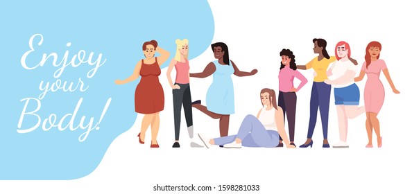 Enjoy your body flat poster vector template. Smiling ladies of different nationalities isolated cartoon characters on white and blue. Banner, brochure page, leaflet design layout with place for text