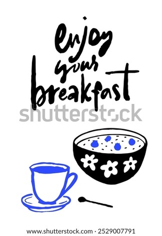 Enjoy your breakfast cafe poster, modern trendy bold doodle illustration art, cup of tea or coffee and little spoon