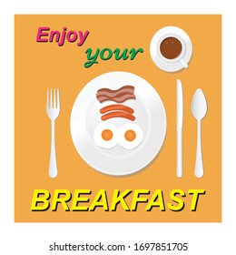 enjoy your breakfast with fried egg - sausage - fried bacon - in dish with cutlery set drawing in vector