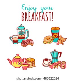 Enjoy your breakfast healthy food vector illustration set contains of bright and colorful coffee pot, pastry, dessert, coffee tot go, croissant, tea, pancakes, honey, espresso, jam and toast, bagel.