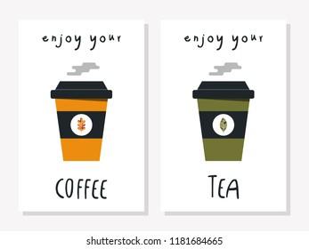 Enjoy your coffee and tea card with autumn and fall style takeaway cup and custom text. Invitation symbol for restaurants or cafe shops.