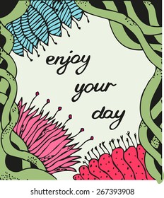 Enjoy your day. Vintage background with ancient flowers like magnolia, aster, daisy, peony and celtic ornament in tattoo style, hand drawn vector illustration