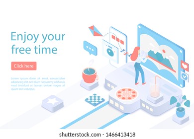 Enjoy your free time landing page isometric vector template. Leisure, ebook reading 3d concept. Girl studying remote, networking. Internet courses, distance education website homepage layout
