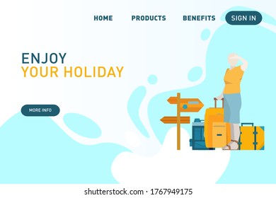 Enjoy your holiday website homepage template. Woman travelling with luggage illustration.  