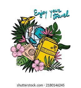 Enjoy your journey. Motivational header. Travel banner with cartoon suitcase, passports and tropical flowers and leaves. Flying airplane around the Earth. Vector illustration in flat design. 
