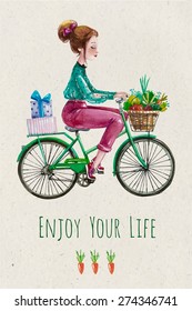 Enjoy your life. Card  with cute girl on the bike. Basket with vegetable and fruits.  Vector hand drawing  illustration.