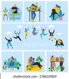 Enjoy your life. Concept of young people jumping on blue background and enjoing the coffee, playing guitar, doing yoga and spending time in the park in the flat design