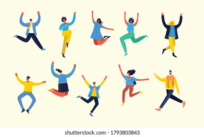 Enjoy your life. Concept of young people jumping on blue background and enjoing life in the modern flat design