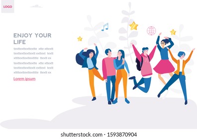 Enjoy your life, happy people together, young people jumping, Vector illustration for web banner, infographics, mobile. male and female teenagers dance.