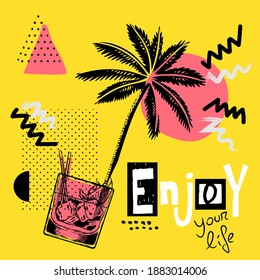 Enjoy your life. Modern poster with palm tree and geometric summer graphic.
