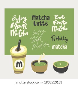 Genießen Sie Ihre Matcha, spät, gesund, aber erste Matcha. Vektor handgezeichnet Matcha-Illustration auf kontrastem Hintergrund. Kuchen, Makronen, Löffel, Bambus-Whisky, Herz, Matcha-Tee