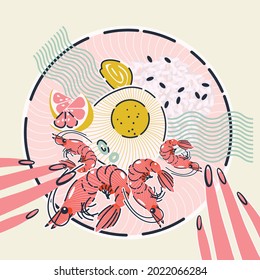 Enjoy your meal. Composition, print, postcard with a plate with food and hands. Vector illustration.