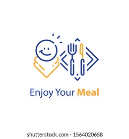 Enjoy Your Meal, Eating At Restaurant, Catering Service, Vector Line Icon