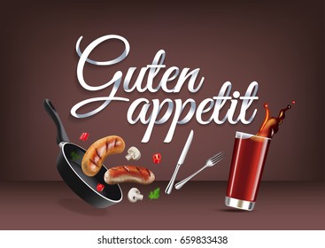 Enjoy your meal - in german language, paper hand lettering calligraphy. Vector realistic illustration with food, drink objects and text.