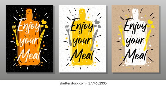 Enjoy your meal, quote phrase food poster. Cooking, culinary, kitchen, print, utensils, cutting board, heart, master chef. Lettering, calligraphy poster, chalk, chalkboard, sketch. Vector