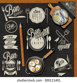 Enjoy your meal! Retro vintage style hand drawn typographic symbols for restaurant menu design. Set of Calligraphic titles and symbols. Fast food. Meal lettering collection.