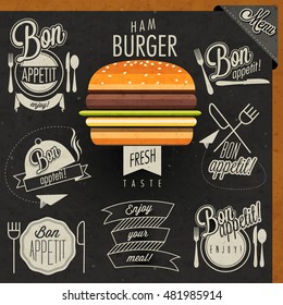 Enjoy your meal! Retro vintage style hand drawn typographic symbols for restaurant menu design. Set of Calligraphic titles and symbols. Fast food. Realistic hamburger illustration.