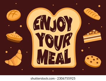 Enjoy Your Meal Vector Illustration a Variety of Delicious Food in Home or Restaurant in Flat Cartoon Hand Drawn Landing Page Background Templates
