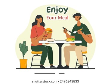 Enjoy Your Meal Vector Illustration of a Variety of Delicious Food in Home or Restaurant Settings in Flat Style Cartoon Background Design