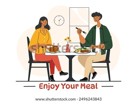Enjoy Your Meal Vector Illustration of a Variety of Delicious Food in Home or Restaurant Settings in Flat Style Cartoon Background Design