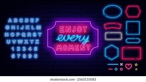 Enjoy your moment neon quote. Live now. Motivational emblem. Shiny blue alphabet. Vector stock illustration