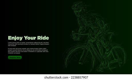 enjoy your ride. road bike cyclist sillhouete Particles, dots, lines, triangles on black background. Green Neon light. vector illustration