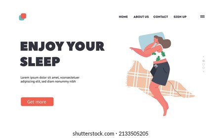 Enjoy your Sleep Landing Page Template. Peaceful Female Character Wear Pajama Nap on Pillow. Girl Sleeping Pose on Side with Blanket Between Legs and Hand under Head. Cartoon Vector Illustration