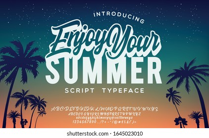 Enjoy your summer. Hand made script font. Vacation summer time. Waikiki beach. Vector illustration. Retro typeface and logo. Summer style.